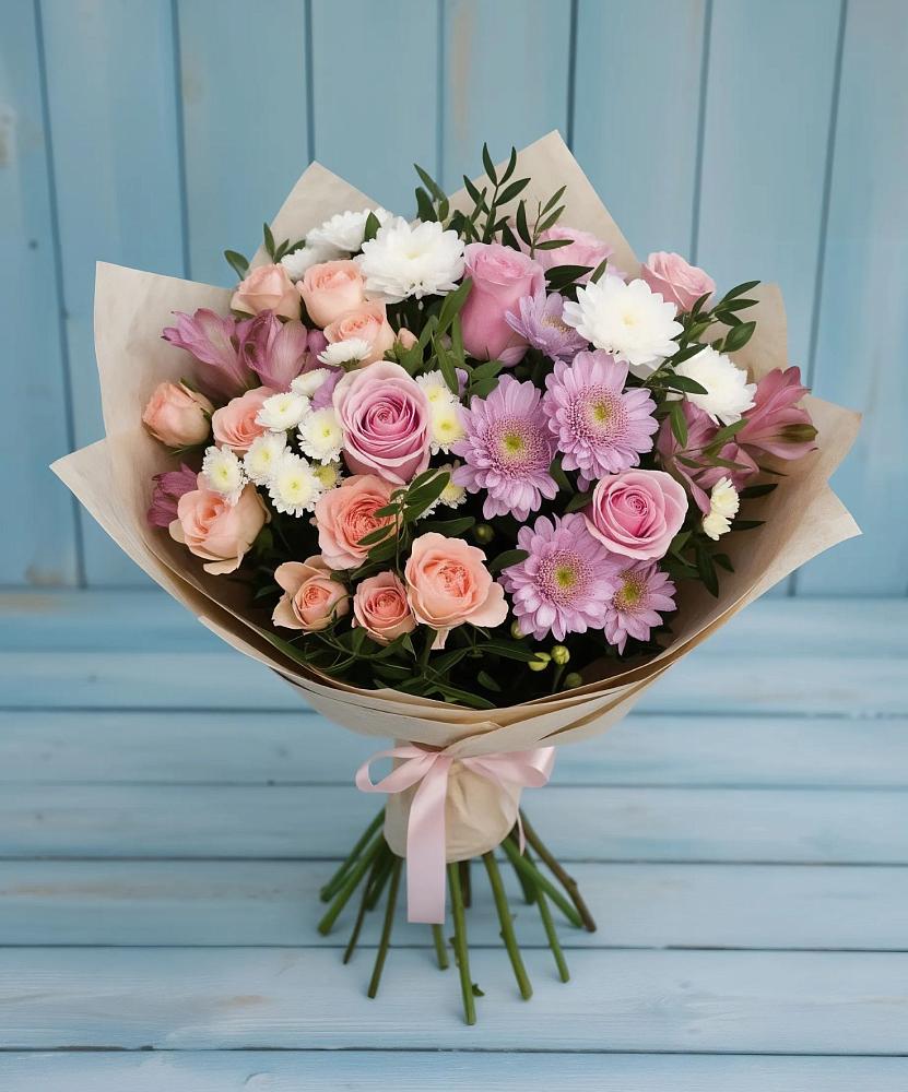Букет цветов из: Хризантемы, Розы и Альстромерии в Быково Московской области