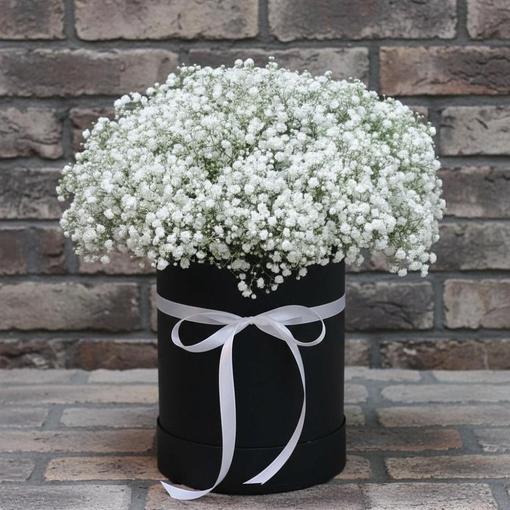 Цветочная композиция из Гипсофила в шляпной коробке в Быково Московской области